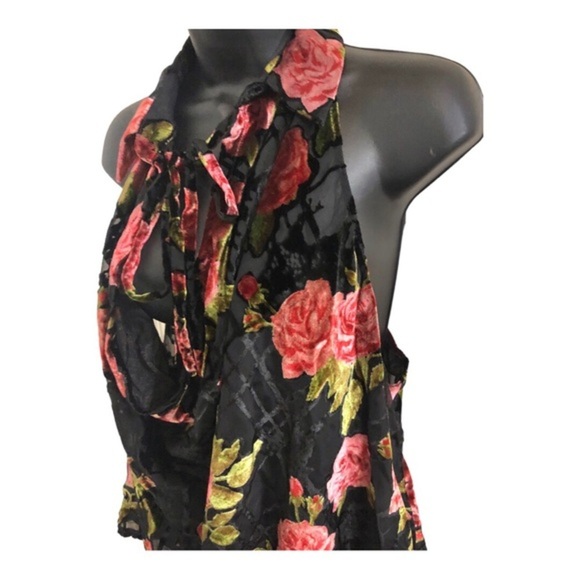 Free People black sheer velvet dark floral cowlneck tie‎ neck blouse size medium - Picture 10 of 16